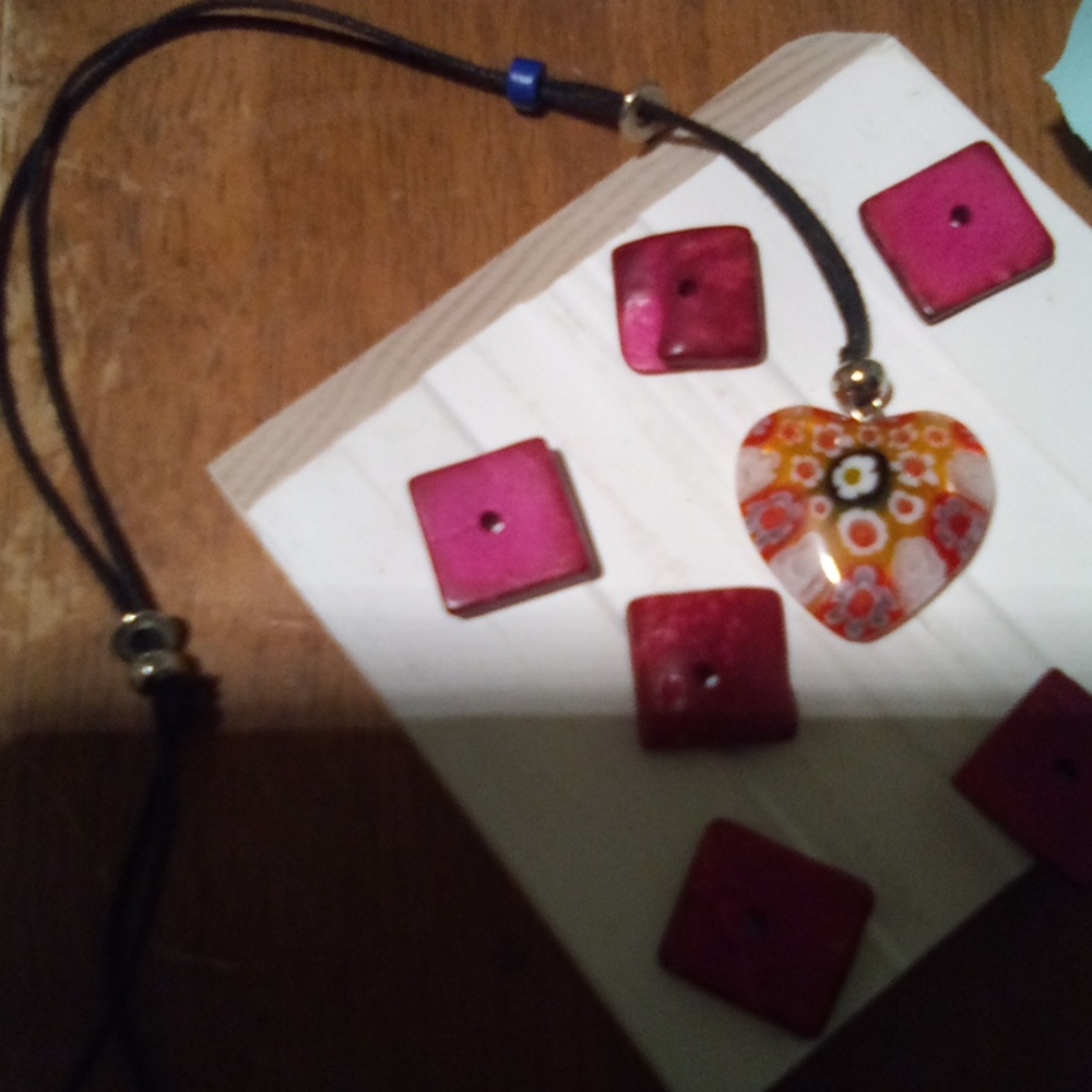 Vintage Floral Heart Glass Pendant on Slip Knot Cord - Picture 10 of 15